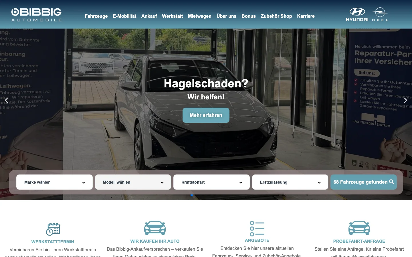 Website von Autohaus Bibbig mit Fahrzeugbereich für Hyundai- und Opel-Fahrzeuge